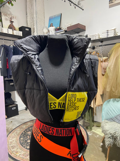 Black Basic Bitch Puffer Hood Vest