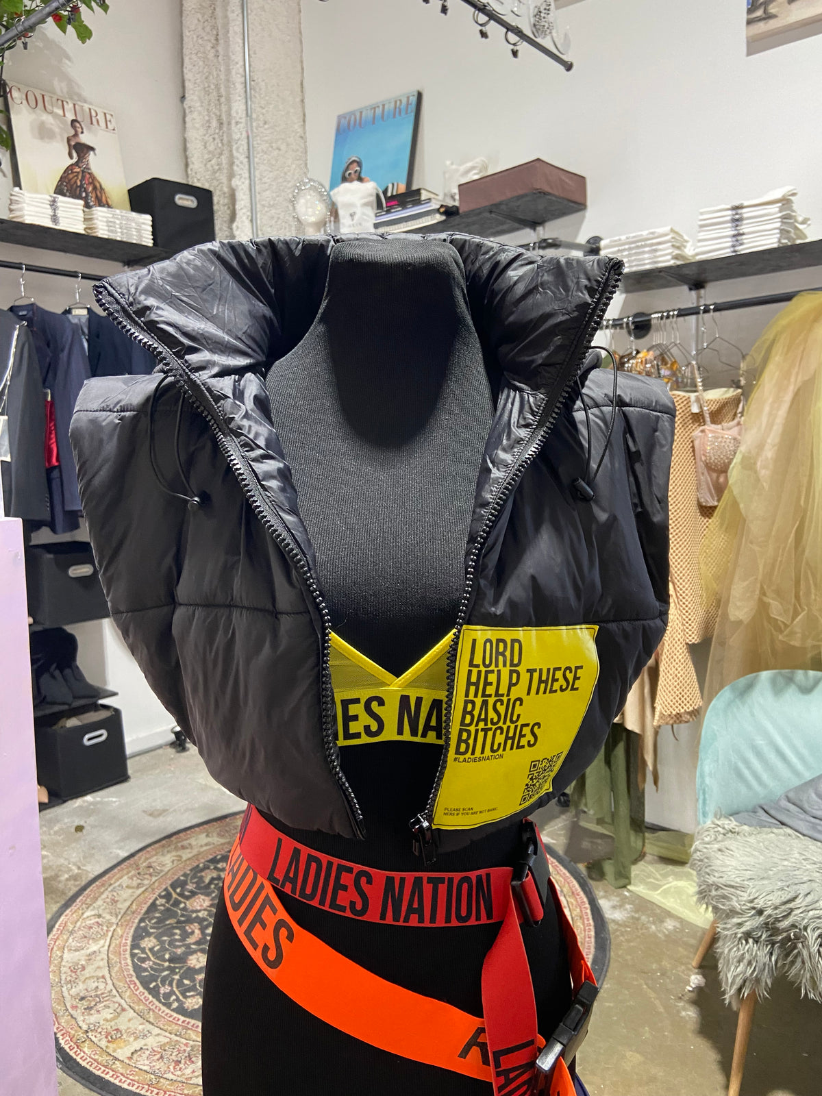 Black Basic Bitch Puffer Hood Vest