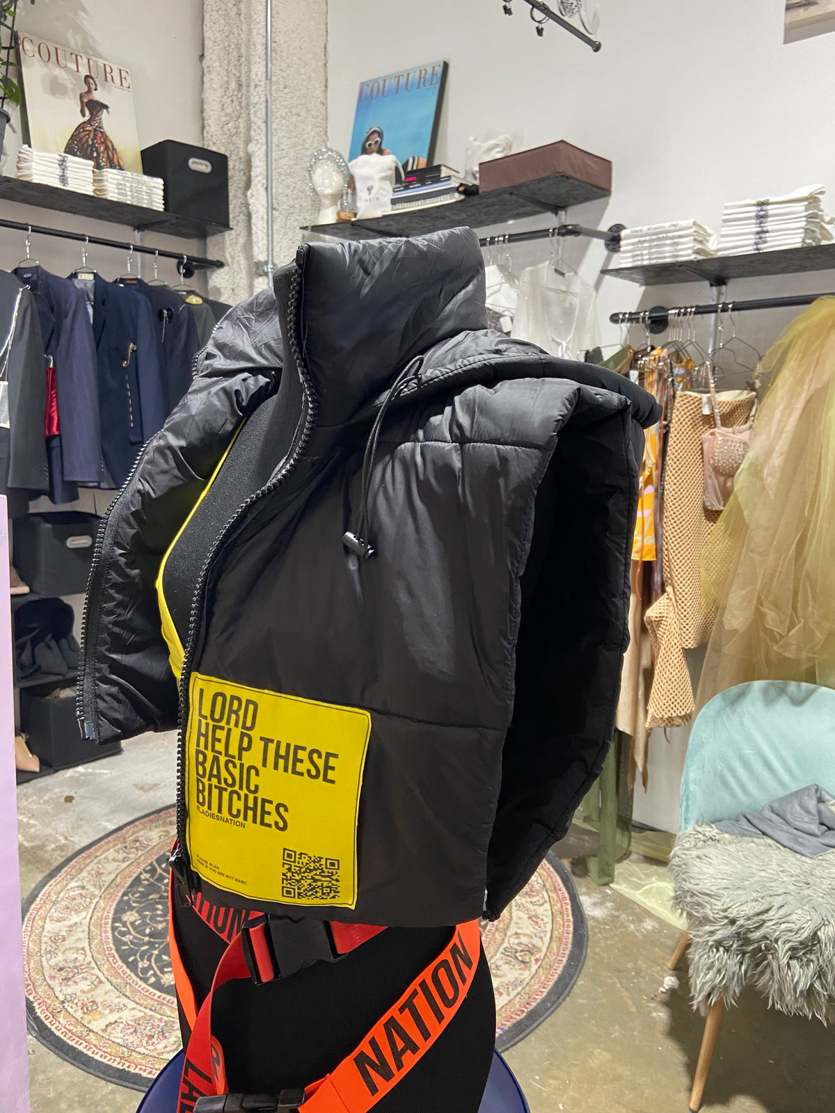 Black Basic Bitch Puffer Hood Vest