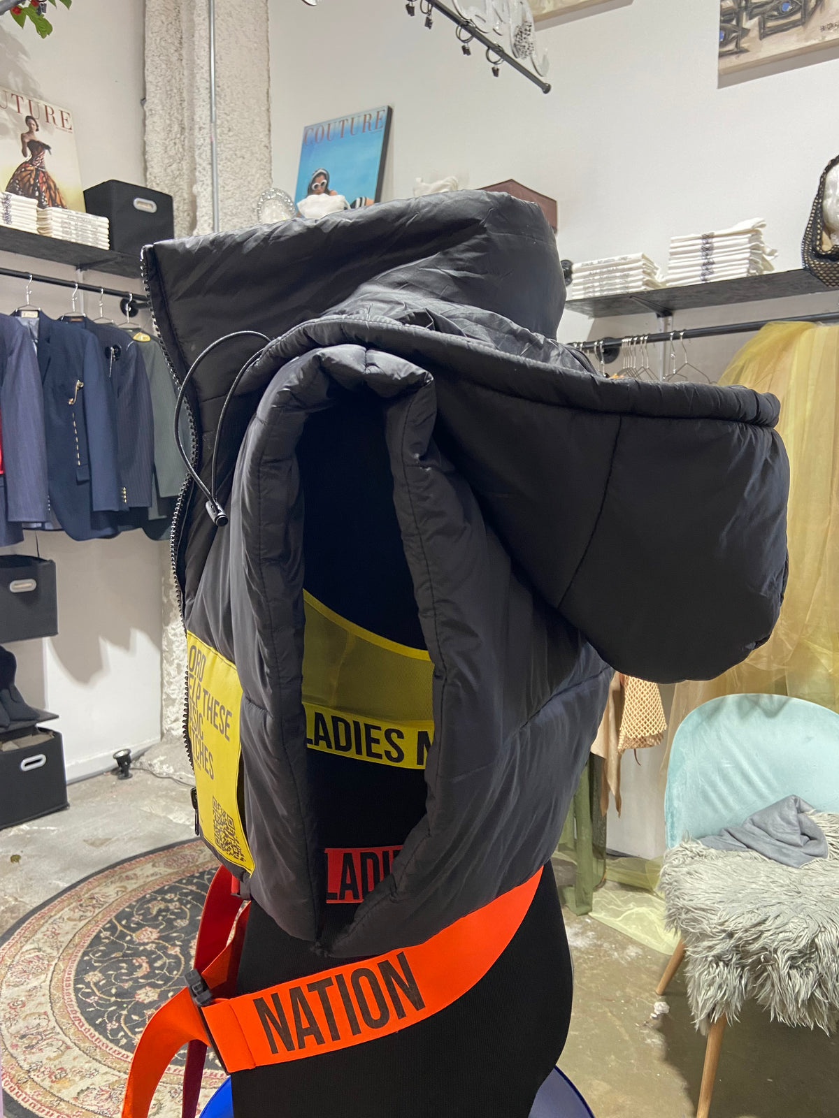 Black Basic Bitch Puffer Hood Vest