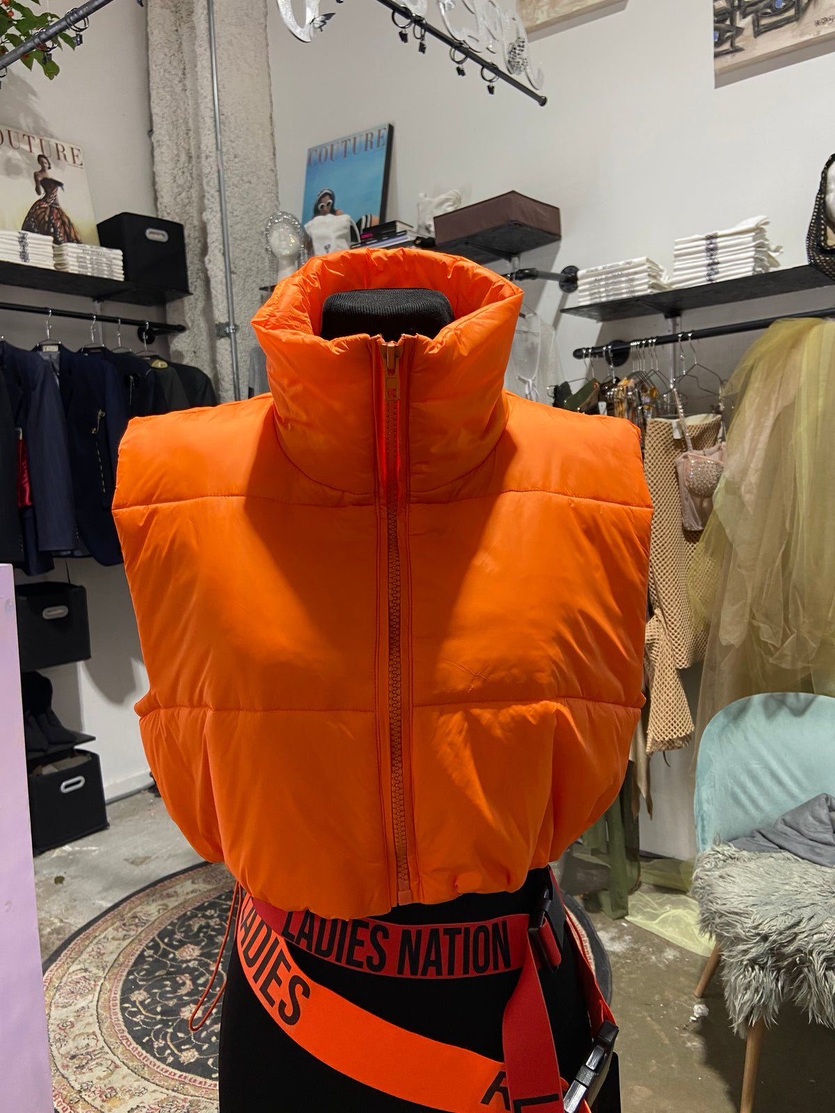 NEON ORANGE PUFFER VEST SAMPLE