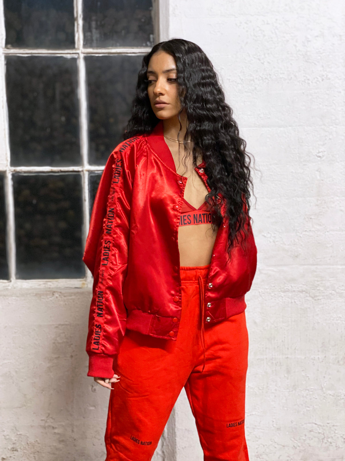 Basic Bishes Satin Varsity Jacket Red